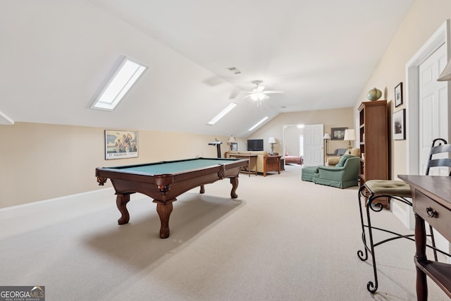 6125 Fouts Mill Rd, Douglasville, GA 30135 - rec room with a ceiling fan, pool table, carpet flooring, visible vents, and vaulted ceiling with skylight
