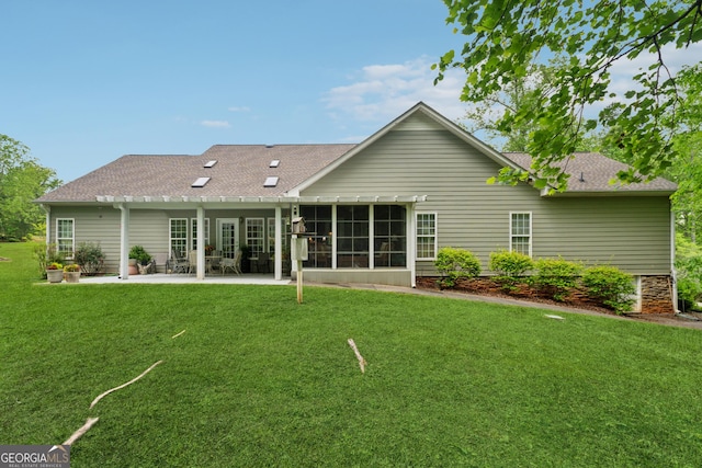 6125 Fouts Mill Rd, Douglasville, GA 30135 - back of house with roof with shingles, a yard, a patio, a pergola, and a sunroom