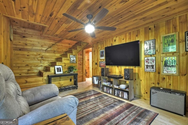 living room with a ceiling fan, wood ceiling, wooden walls, vaulted ceiling, and wood finished floors
