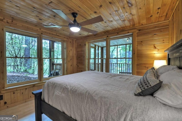 bedroom with wooden walls, wooden ceiling, and wood finished floors