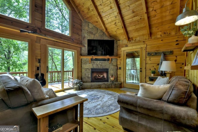 living area with wooden ceiling, plenty of natural light, and wooden walls