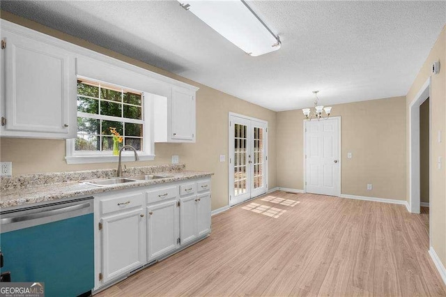 196 Highland Dr, Calhoun, GA 30701 - kitchen featuring a sink, a notable chandelier, white cabinetry, dishwasher, and light wood-style floors