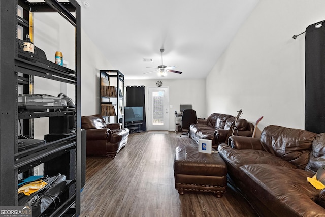 1509 Buffington Way, Griffin, GA 30224 - living room with vaulted ceiling, visible vents, ceiling fan, and wood finished floors