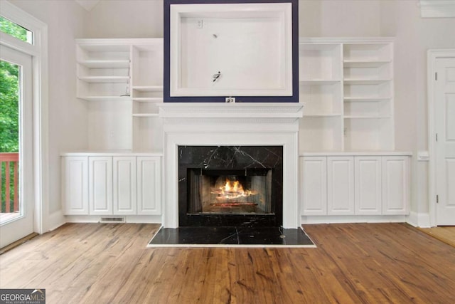 room details featuring a premium fireplace, visible vents, and wood finished floors