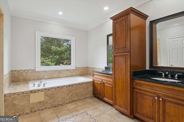 bathroom featuring vanity, recessed lighting, tile patterned flooring, crown molding, and a bath