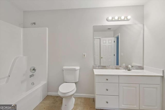 full bathroom featuring toilet, shower / bathtub combination, vanity, tile patterned floors, and baseboards