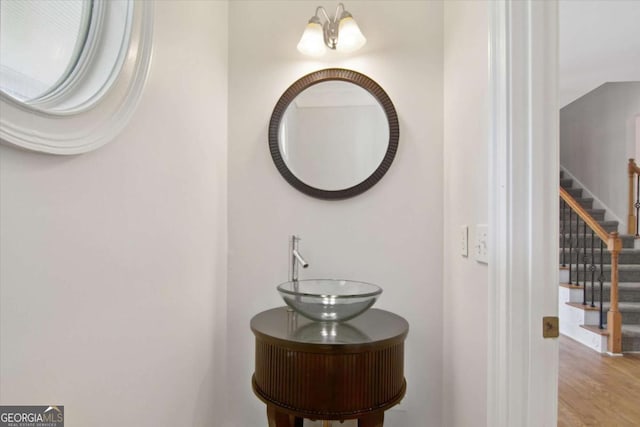bathroom with wood finished floors and a sink