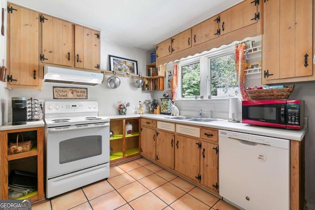 kitchen featuring white appliances, under cabinet range hood, a sink, open shelves, and light countertops