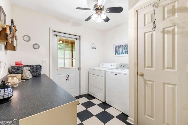 clothes washing area featuring washer and dryer, light flooring, and ceiling fan