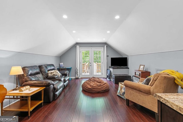living area featuring vaulted ceiling, hardwood / wood-style floors, and recessed lighting