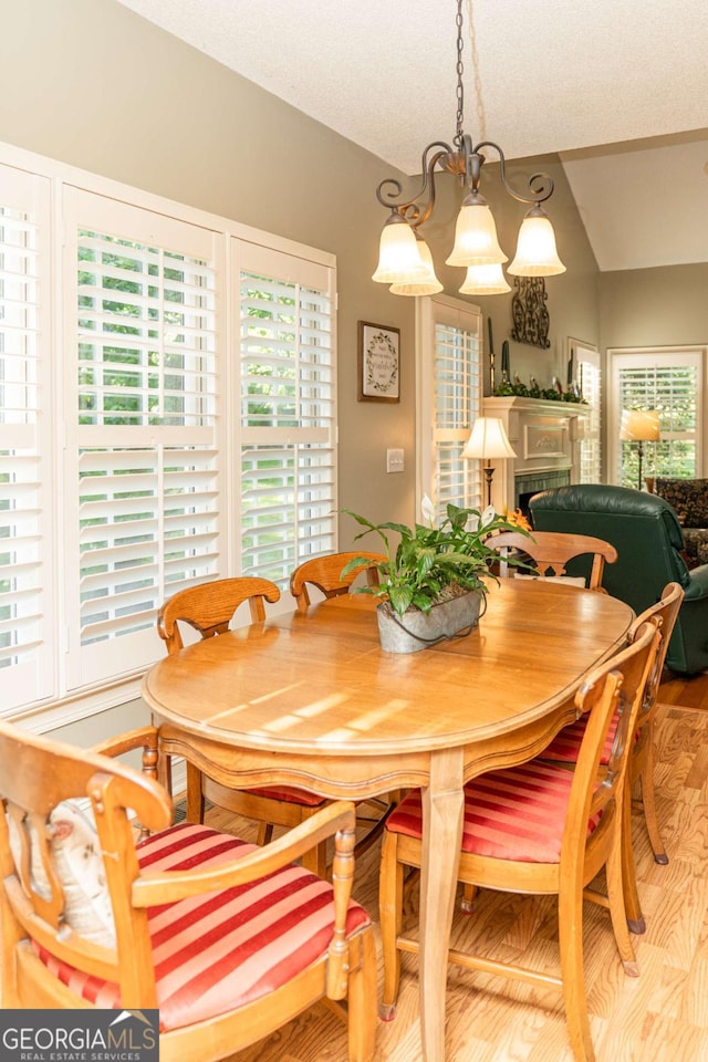 17 Hampton Way, Carrollton, GA 30116 - dining space with a chandelier, light wood-type flooring, a fireplace, and vaulted ceiling