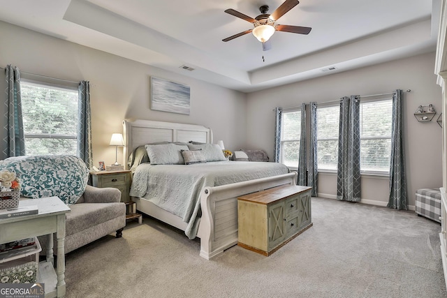 80 Kenwood Trl, Senoia, GA 30276 - bedroom with a tray ceiling, baseboards, ceiling fan, visible vents, and light carpet