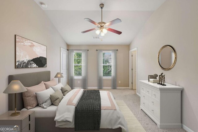 1257 Park Pass Way, Suwanee, GA 30024 - bedroom featuring baseboards, ceiling fan, visible vents, vaulted ceiling, and light carpet