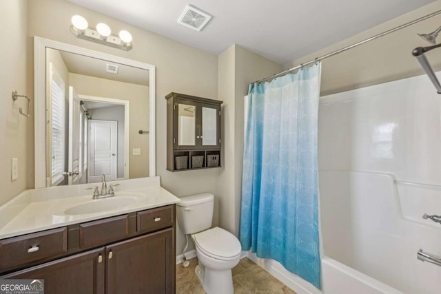 1257 Park Pass Way, Suwanee, GA 30024 - full bathroom featuring toilet, visible vents, tile patterned floors, vanity, and shower / bathtub combination with curtain