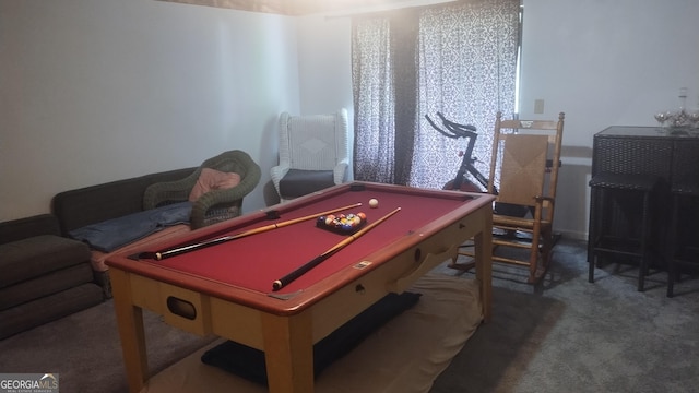 rec room featuring billiards and carpet