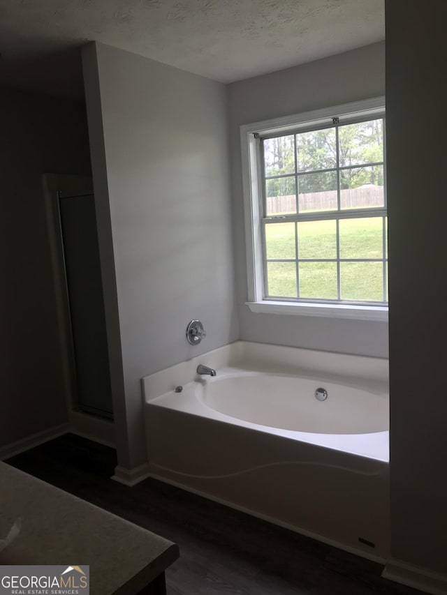 bathroom featuring a garden tub and wood finished floors