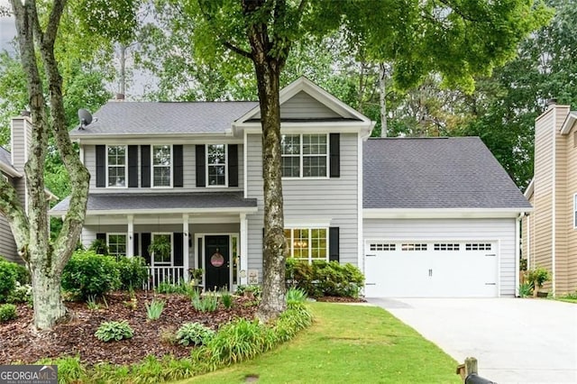 2759 Beddington Way, Suwanee, GA 30024 - traditional home featuring a garage, concrete driveway, a porch, and roof with shingles
