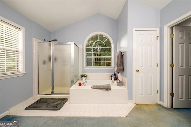 2759 Beddington Way, Suwanee, GA 30024 - bathroom with a shower stall, a bath, and lofted ceiling
