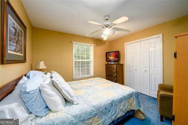 2759 Beddington Way, Suwanee, GA 30024 - bedroom with carpet, a closet, and a ceiling fan