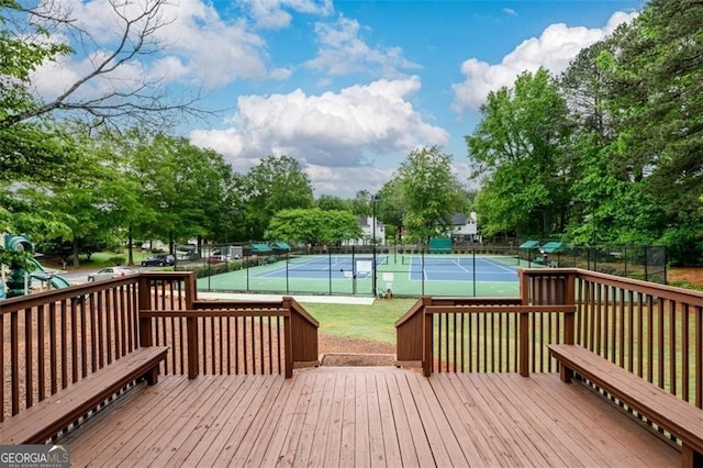 2759 Beddington Way, Suwanee, GA 30024 - deck with a tennis court and view of wooded area