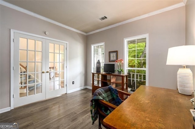 2759 Beddington Way, Suwanee, GA 30024 - home office featuring french doors, ornamental molding, wood finished floors, and baseboards