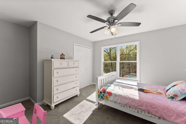 3498 Westhampton Way, Gainesville, GA 30506 - bedroom featuring carpet flooring, a closet, baseboards, and a ceiling fan