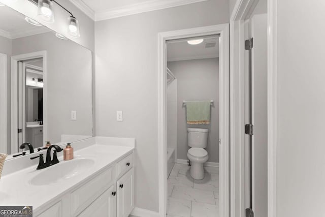 3498 Westhampton Way, Gainesville, GA 30506 - full bathroom with toilet, marble finish floor, baseboards, vanity, and crown molding