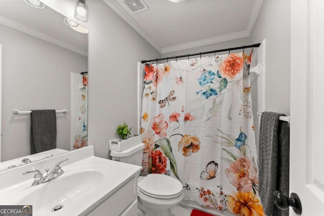 3498 Westhampton Way, Gainesville, GA 30506 - bathroom featuring toilet, ornamental molding, visible vents, a shower with shower curtain, and vanity