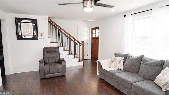 2638 Cleburne Pkwy, Powder Springs, GA 30127 - living room with a ceiling fan, stairway, baseboards, and wood finished floors