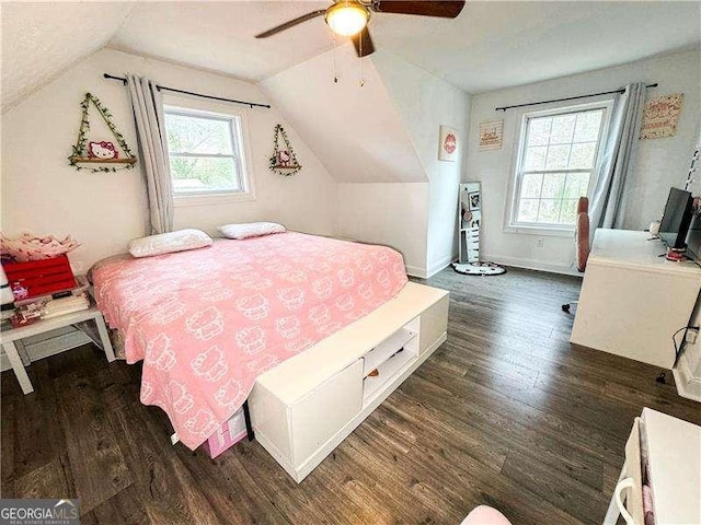 2638 Cleburne Pkwy, Powder Springs, GA 30127 - bedroom featuring ceiling fan, lofted ceiling, multiple windows, and wood finished floors