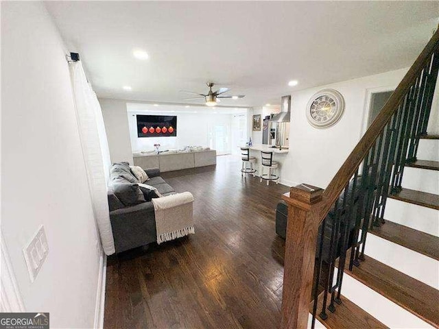2638 Cleburne Pkwy, Powder Springs, GA 30127 - living room with recessed lighting, stairway, ceiling fan, and wood finished floors