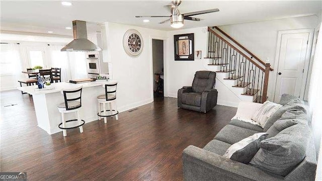 2638 Cleburne Pkwy, Powder Springs, GA 30127 - living room with dark wood-type flooring, baseboards, stairway, ceiling fan, and recessed lighting