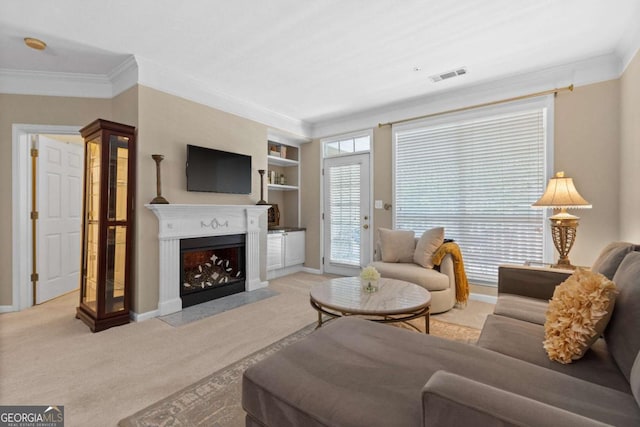 1127 Whitshire Way Unit 1127, Alpharetta, GA 30004 - carpeted living area featuring crown molding, a fireplace with flush hearth, and built in features