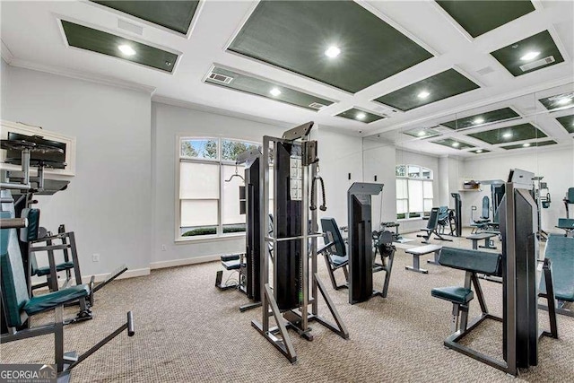 exercise room featuring coffered ceiling, plenty of natural light, baseboards, carpet flooring, and ornamental molding