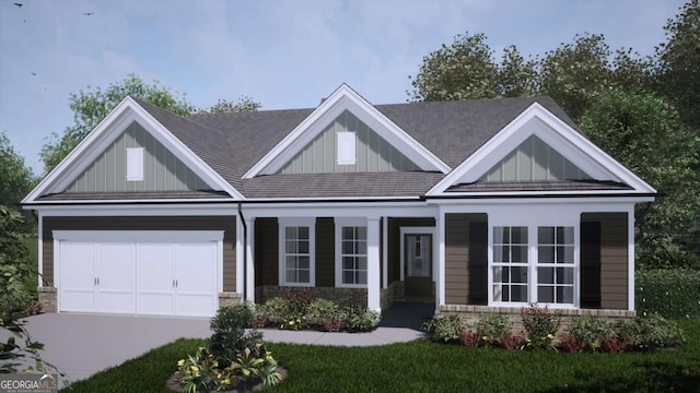 1123 Poppy Ln, Jefferson, GA 30549 - view of front of house with a porch, roof with shingles, driveway, a garage, and board and batten siding
