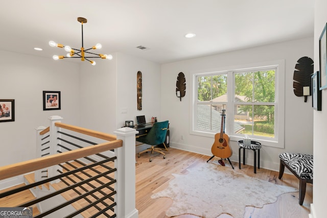 bedroom with wood finished floors, visible vents, baseboards, a chandelier, and recessed lighting