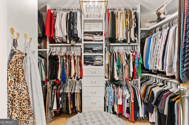 walk in closet featuring wood finished floors and a notable chandelier