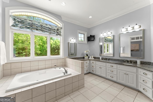 full bathroom with a bath, double vanity, tile patterned floors, recessed lighting, and ornamental molding