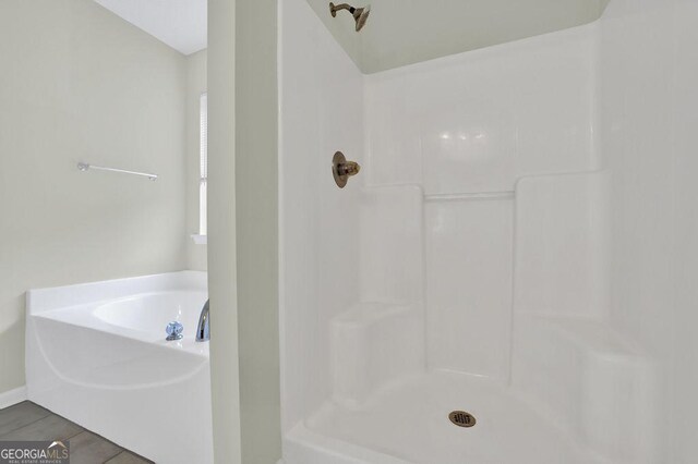 6345 Aarons Way, Flowery Branch, GA 30542 - full bath featuring a shower, tile patterned flooring, and a garden tub