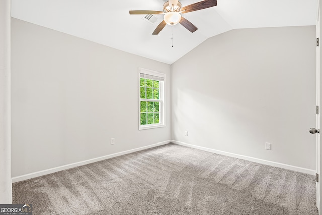 126 Ashton Pl, Newnan, GA 30265 - unfurnished room with carpet, a ceiling fan, visible vents, baseboards, and vaulted ceiling