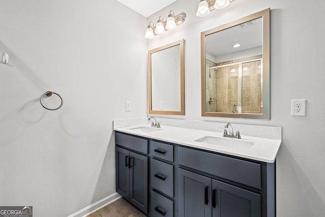 126 Ashton Pl, Newnan, GA 30265 - full bathroom with a sink, double vanity, tiled shower, and tile patterned floors