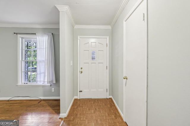 4074 Idlevale Dr, Tucker, GA 30084 - entryway featuring baseboards, ornamental molding, and parquet floors