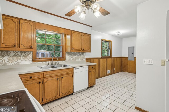 4074 Idlevale Dr, Tucker, GA 30084 - kitchen with a ceiling fan, white dishwasher, light countertops, and a sink