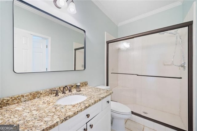 full bath with crown molding, toilet, a stall shower, and vanity
