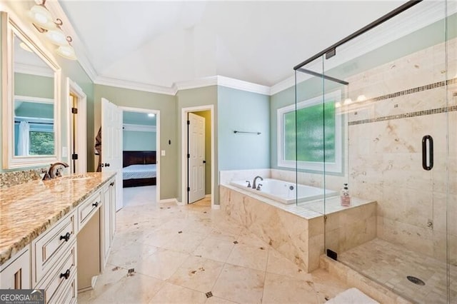 ensuite bathroom with a bath, a shower stall, ornamental molding, vanity, and plenty of natural light