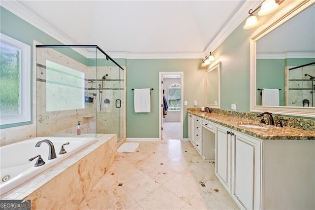 full bathroom featuring a bath, healthy amount of natural light, a shower stall, and ornamental molding