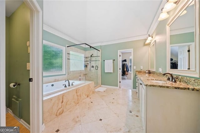 full bath featuring a shower stall, a garden tub, crown molding, and double vanity