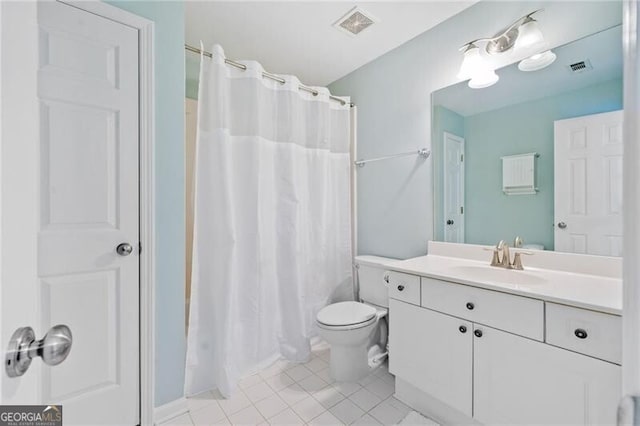full bathroom with tile patterned flooring, vanity, toilet, and a shower with shower curtain