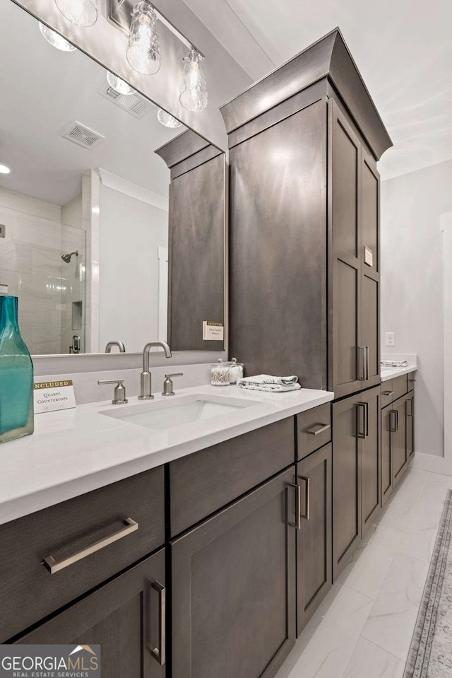 full bath with vanity, visible vents, marble finish floor, and a shower stall