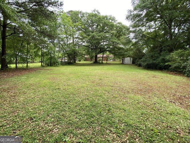 view of grassy yard featuring a storage shed and an outdoor structure